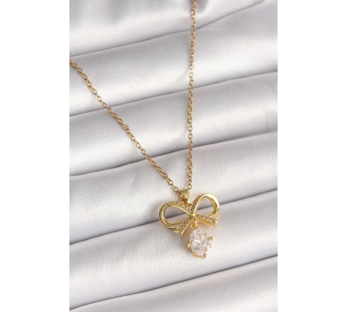 316L Çelik Gold Renk Zincir Zirkon Taşlı Kurdele Model Kadın Kolye - TJ-BKO9960