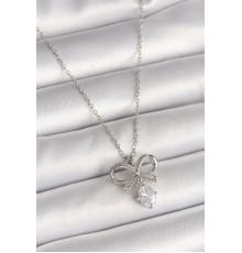 316L Çelik Gümüş Renk Zincir Zirkon Taşlı Kurdele Model Kadın Kolye - TJ-BKO9961