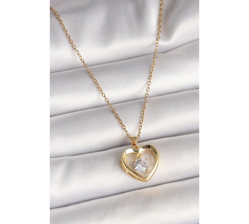 316L Çelik Gold Renk Zincir Zirkon Taşlı Kalp Model Kadın Kolye - TJ-BKO9962