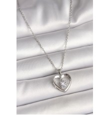 316L Çelik Gümüş Renk Zincir Zirkon Taşlı Kalp Model Kadın Kolye - TJ-BKO9963