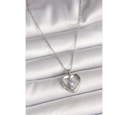 316L Çelik Gümüş Renk Zincir Zirkon Taşlı Kalp Model Kadın Kolye - TJ-BKO9963