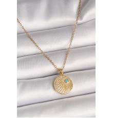 316L Çelik Gold Renk Zincir Zirkon Taş İşlemeli Mavi Taş Detaylı Madalyon Model Kadın Kolye - TJ-BKO9964