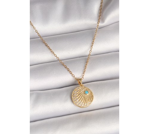 316L Çelik Gold Renk Zincir Zirkon Taş İşlemeli Mavi Taş Detaylı Madalyon Model Kadın Kolye - TJ-BKO9964