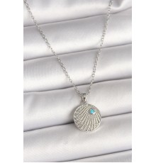 316L Çelik Gümüş Renk Zincir Zirkon Taşlı Mavi Taş Detaylı Madalyon Model Kadın Kolye - TJ-BKO9965