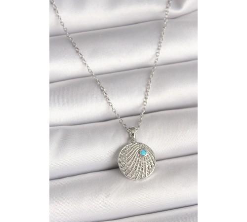 316L Çelik Gümüş Renk Zincir Zirkon Taşlı Mavi Taş Detaylı Madalyon Model Kadın Kolye - TJ-BKO9965