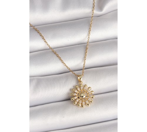 316L Çelik Gold Renk Zincir Zirkon Taşlı Güneş Model Kadın Kolye - TJ-BKO9966