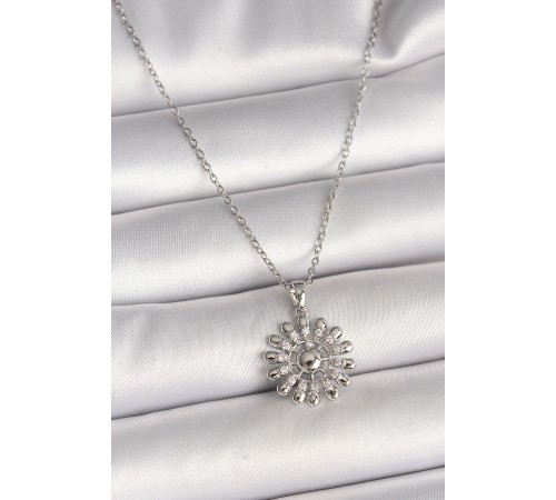 316L Çelik Gümüş Renk Zincir Zirkon Taşlı Güneş Model Kadın Kolye - TJ-BKO9967