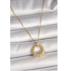 316L Çelik Gold Renk Zincir Zirkon Taş İşlemeli Daire Model Kadın Kolye - TJ-BKO9968
