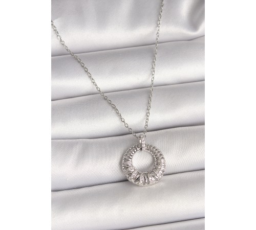 316L Çelik Gümüş Renk Zincir Zirkon Taş İşlemeli Daire Model Kadın Kolye - TJ-BKO9969