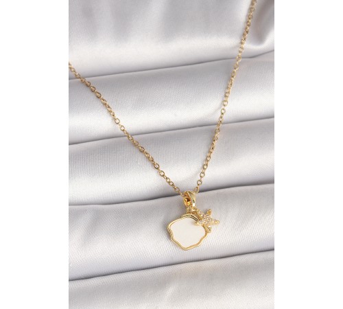 316L Çelik Gold Renk Zincir Sallantı Beyaz Mineli Deniz Kabuğu Zirkon Taşlı Deniz Yıldızı Figür Kadın Kolye - TJ-BKO9970