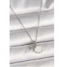 316L Çelik Gümüş Renk Zincir Sallantı Beyaz Mineli Deniz Kabuğu Zirkon Taşlı Deniz Yıldızı Figür Kadın Kolye - TJ-BKO9971