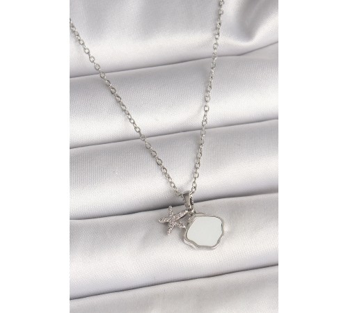 316L Çelik Gümüş Renk Zincir Sallantı Beyaz Mineli Deniz Kabuğu Zirkon Taşlı Deniz Yıldızı Figür Kadın Kolye - TJ-BKO9971
