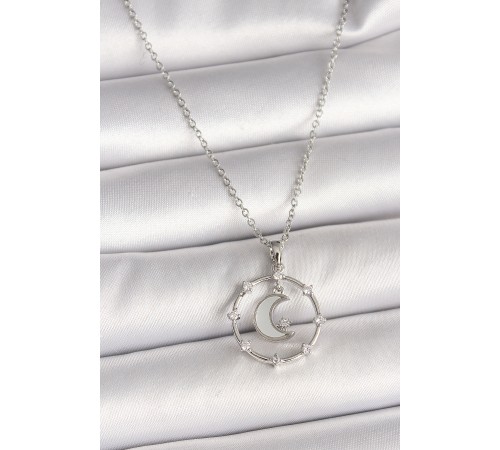 316L Çelik Gümüş Renk Zincir Zirkon Taşlı Beyaz Mineli Hilal Model Kadın Kolye - TJ-BKO9972