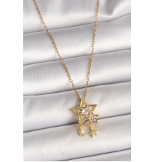 316L Çelik Gold Renk Zincir Zirkon Taşlı Yıldız Model Sallanı Ay Yıldız Detay Kadın Kolye - TJ-BKO9973