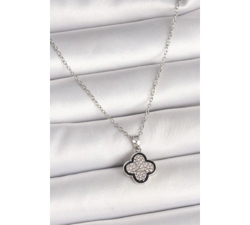 316L Çelik Gümüş Renk Zincir Zirkon Taşlı Yonca Model Kadın Kolye - TJ-BKO9975