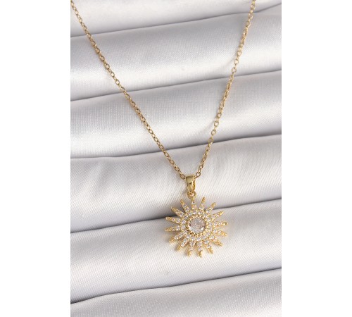 316L Çelik Gold Renk Zincir Zirkon Taşlı Güneş Model Kadın Kolye - TJ-BKO9978