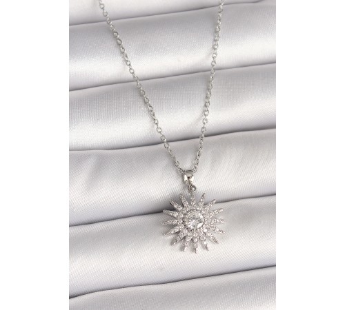 316L Çelik Gümüş Renk Zincir Zirkon Taşlı Güneş Model Kadın Kolye - TJ-BKO9979