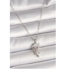 316L Çelik Gümüş Renk Zincir Zirkon Taşlı Kedi Model Kadın Kolye - TJ-BKO9981