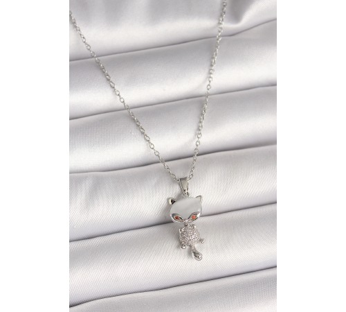 316L Çelik Gümüş Renk Zincir Zirkon Taşlı Kedi Model Kadın Kolye - TJ-BKO9981
