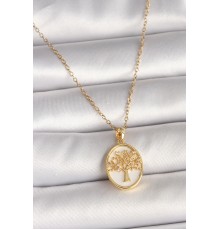 316L Çelik Gold Renk Zincir Zirkon Taş Detaylı Beyaz Mineli Ağaç İşlemeli Portre Model Kadın Kolye - TJ-BKO9982