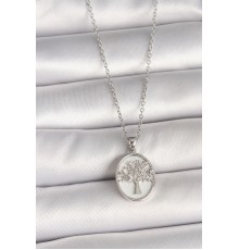 316L Çelik Gümüş Renk Zincir Zirkon Taş İşlemeli Beyaz Mineli Ağaç İşlemeli Portre Model Kadın Kolye - TJ-BKO9983