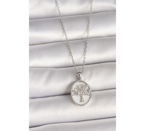 316L Çelik Gümüş Renk Zincir Zirkon Taş İşlemeli Beyaz Mineli Ağaç İşlemeli Portre Model Kadın Kolye - TJ-BKO9983