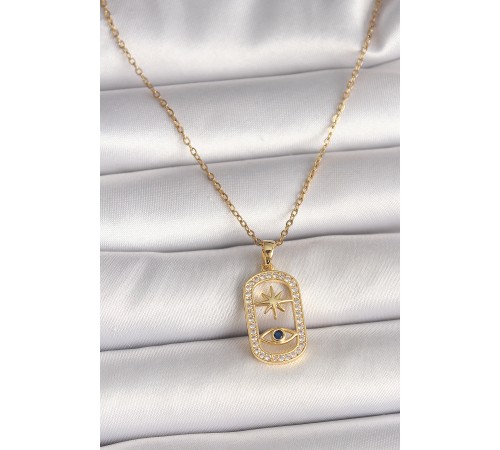 316L Çelik Gold Renk Zincir Zirkon Taşlı Göz Yıldız Model Kadın Kolye - TJ-BKO9984