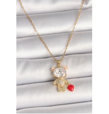316L Çelik Gold Renk Zincir Zirkon Taşlı Ayıcık Model Kırmızı Kalp Detay Kadın Kolye - TJ-BKO9986
