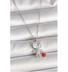 316L Çelik Gümüş Renk Zincir Zirkon Taşlı Ayıcık Model Kırmızı Kalp Detay Kadın Kolye - TJ-BKO9987