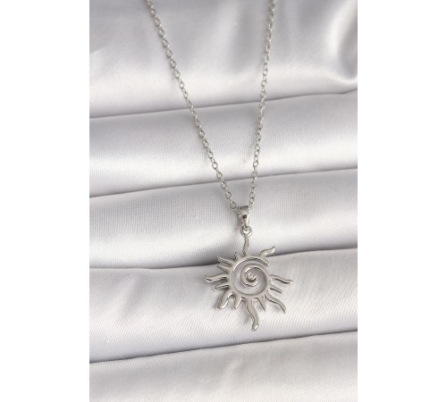 316L Çelik Gümüş Renk Zincir Zirkon Taşlı Güneş Model Kadın Kolye - TJ-BKO9989