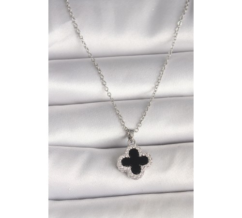 316L Çelik Gümüş Renk Zincir Zirkon Taşlı Yonca Model Kadın Kolye - TJ-BKO9991