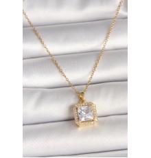 316L Çelik Gold Renk Zincir Kare Zirkon Taşlı Model Kadın Kolye - TJ-BKO9992