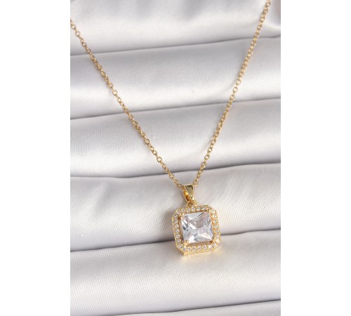 316L Çelik Gold Renk Zincir Kare Zirkon Taşlı Model Kadın Kolye - TJ-BKO9992