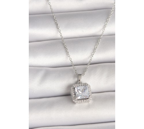 316L Çelik Gümüş Renk Zincir Kare Zirkon Taşlı Kadın Kolye - TJ-BKO9993