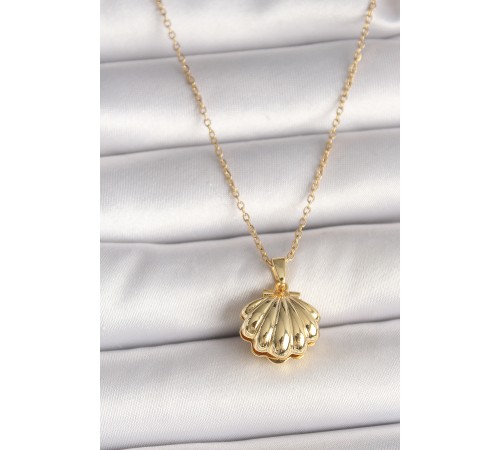 316L Çelik Gold Renk Zincir Açılır İncili Midye Model Kadın Kolye - TJ-BKO9994