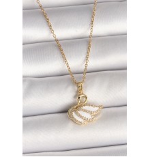 316L Çelik Gold Renk Zincir Zirkon Taşlı Kuğu Model Kadın Kolye - TJ-BKO9996