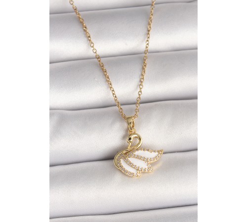 316L Çelik Gold Renk Zincir Zirkon Taşlı Kuğu Model Kadın Kolye - TJ-BKO9996