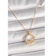 316L Çelik Gold Renk Zincir Zirkon Taşlı Ay Yıldız Model Sonsuzluk Detay Kadın Kolye - TJ-BKO10000