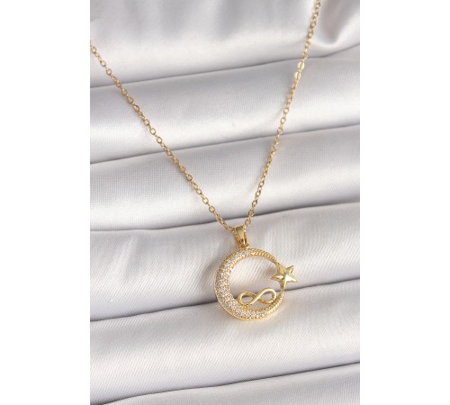 316L Çelik Gold Renk Zincir Zirkon Taşlı Ay Yıldız Model Sonsuzluk Detay Kadın Kolye - TJ-BKO10000