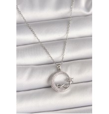 316L Çelik Gümüş Renk Zincir Zirkon Taşlı Ay Yıldız Model Sonsuzluk Detay Kadın Kolye - TJ-BKO10001