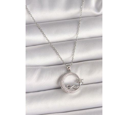 316L Çelik Gümüş Renk Zincir Zirkon Taşlı Ay Yıldız Model Sonsuzluk Detay Kadın Kolye - TJ-BKO10001