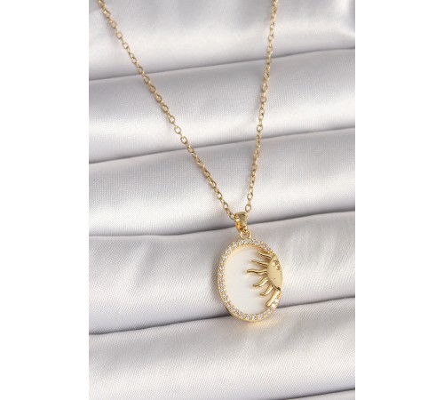 316L Çelik Gold Renk Zincir Beyaz Mineli Gün Batımı Model Zirkon Taş Detay Kadın Kolye - TJ-BKO10002