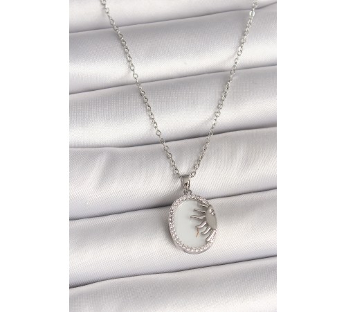 316L Çelik Gümüş Renk Zincir Beyaz Mineli Gün Batımı Model Zirkon Taş Detaylı Kadın Kolye - TJ-BKO10003