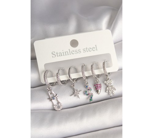 Pirinç Gümüş Renk Zirkon Taşlı Yılan Figür Kadın Küpe Seti - TJ-BKP10423