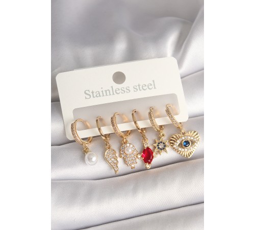 Pirinç Gold Renk Zirkon Taşlı Fatma Ana El Figür Kadın Küpe Seti - TJ-BKP10424