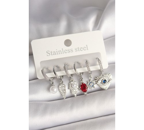 Pirinç Gümüş Renk Zirkon Taşlı Fatma Ana El Figür Kadın Küpe Seti - TJ-BKP10425