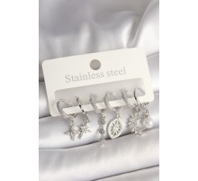 Pirinç Gümüş Renk Zirkon Taşlı Göz Figür İnci Detay Kadın Küpe Seti - TJ-BKP10427