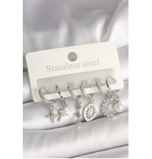 Pirinç Gümüş Renk Zirkon Taşlı Göz Figür İnci Detay Kadın Küpe Seti - TJ-BKP10427