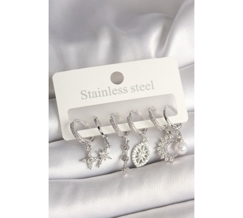 Pirinç Gümüş Renk Zirkon Taşlı Göz Figür İnci Detay Kadın Küpe Seti - TJ-BKP10427