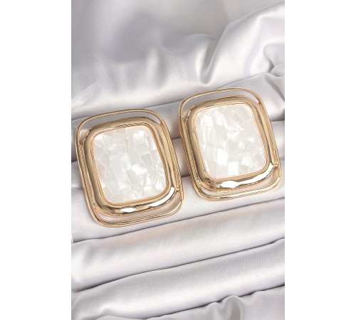 Pirinç Gold Renk Beyaz Mineli Kare Model Kadın Küpe - TJ-BKP10428